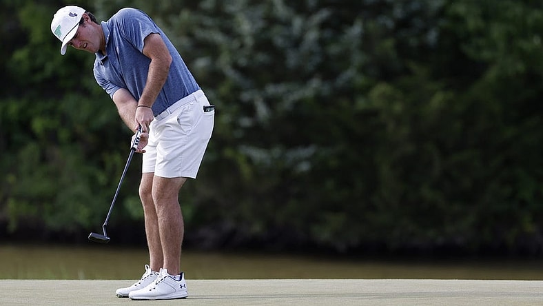 May 27, 2023; Potomac Falls, Virginia, USA; Mito Pereira putts on the eighteenth green during the second round of LIV Golf Washington, D.C. golf tournament at Trump National. Mandatory Credit: Geoff Burke-USA TODAY Sports