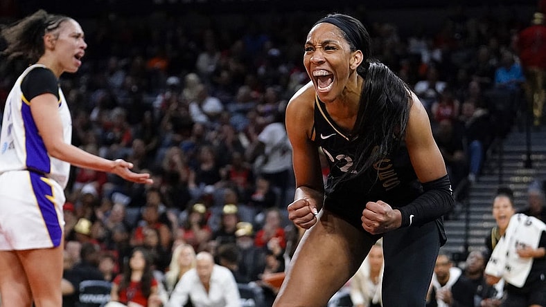 May 27, 2023; Las Vegas, Nevada, USA; Las Vegas Aces forward Aja Wilson (22) reacts during the second quarter against the Los Angeles Sparks at Michelob Ultra Arena. Mandatory Credit: Lucas Peltier-USA TODAY Sports