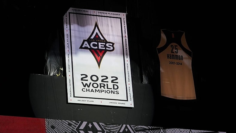 May 27, 2023; Las Vegas, Nevada, USA; The 2022 WNBA World Championship banner of the Las Vegas Aces is revealed prior to a game against the Los Angeles Sparks at Michelob Ultra Arena. Mandatory Credit: Lucas Peltier-USA TODAY Sports