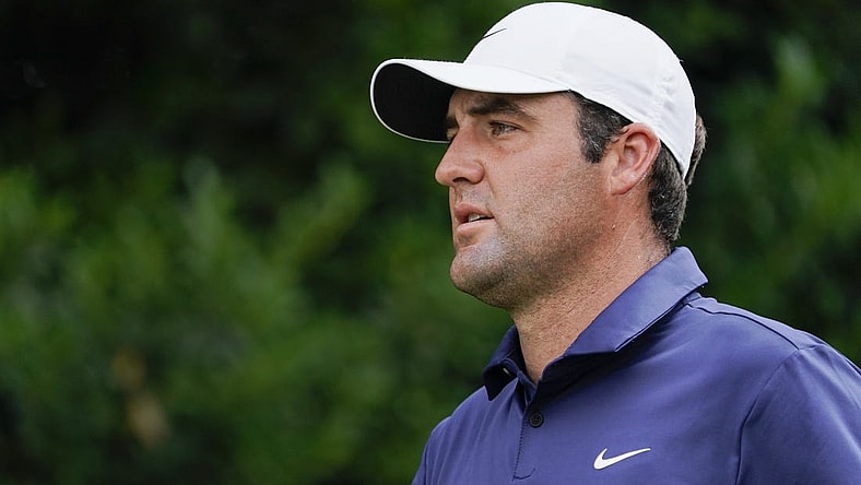 May 28, 2023; Fort Worth, Texas, USA; Scottie Scheffler walks from the second tee during the final round of the Charles Schwab Challenge golf tournament. Mandatory Credit: Raymond Carlin III-USA TODAY Sports