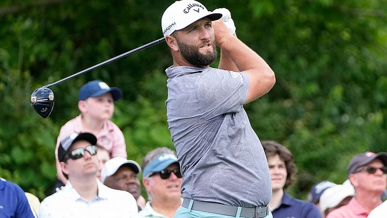 May 30, 2023; Dublin, Ohio, USA;  Jon Rahm tees off on 15 during a practice round for the Memorial Tournament at Muirlfield Village Golf Club.