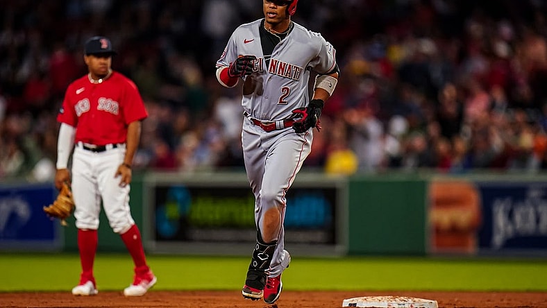 May 30, 2023; Boston, Massachusetts, USA; Cincinnati Reds shortstop Jose Barrero (2) hits a grand slam against the Boston Red Sox in the seventh inning at Fenway Park. Mandatory Credit: David Butler II-USA TODAY Sports