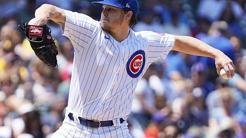 May 31, 2023; Chicago, Illinois, USA; Chicago Cubs starting pitcher Justin Steele (35) throws the ball against the Tampa Bay Rays during the first inning at Wrigley Field. Mandatory Credit: David Banks-USA TODAY Sports