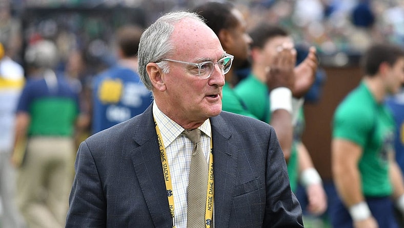 Sep 28, 2019; South Bend, IN, USA; Notre Dame Fighting Irish athletic director Jack Swarbrick walks on the sideline at Notre Dame Stadium during the game between the Notre Dame Fighting Irish and the Virginia Cavaliers. Mandatory Credit: Matt Cashore-USA TODAY Sports