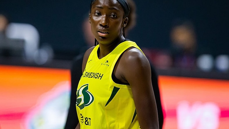 Oct 2, 2020; Bradenton, Florida, USA; Seattle Storm center Ezi Magbegor (13) plays in game 1 of the WNBA finals against the Las Vegas Aces at IMG Academy. Mandatory Credit: Mary Holt-USA TODAY Sports