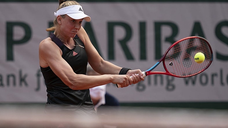 Jun 8, 2021; Paris, France; Elena Rybakina (KAZ) in action during her match against Anastasia Pavlyuchenkova (RUS) on day 10 of the French Open at Stade Roland Garros. Mandatory Credit: Susan Mullane-USA TODAY Sports