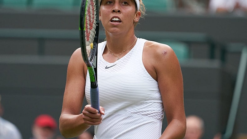 Jul 2, 2021; London, United Kingdom;  Madison Keys (USA) is relieved at the end of her match against Elise Mertens (BEL) in the womens third round on Number One court at All England Lawn Tennis and Croquet Club. Mandatory Credit: Peter van den Berg-USA TODAY Sports