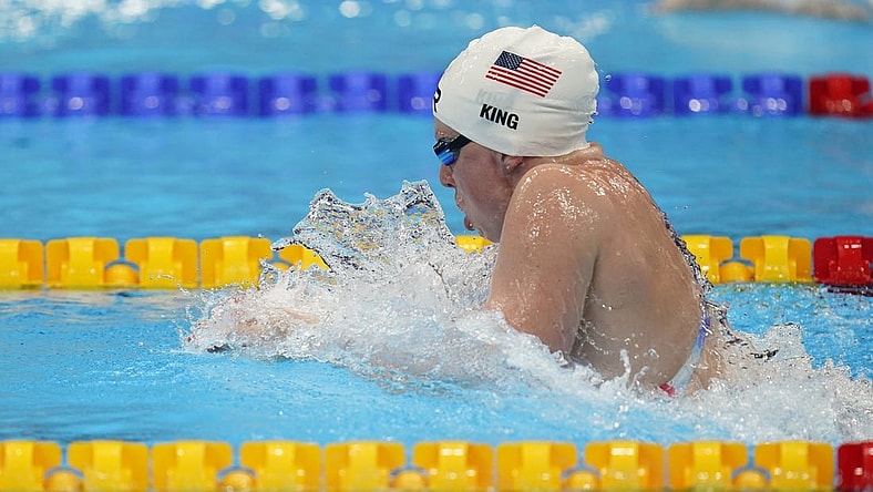 Jul 30, 2021; Tokyo, Japan; Lilly King (USA) in the women's 4x100m medley relay heats during the Tokyo 2020 Olympic Summer Games at Tokyo Aquatics Centre. Mandatory Credit: Grace Hollars-USA TODAY Sports
