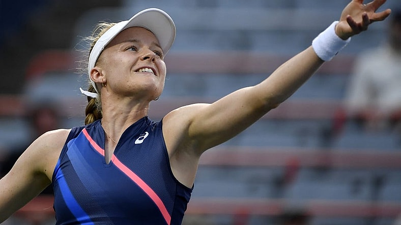 Aug 10, 2021; Montreal, Quebec, Canada; Harriet Dart of Great Britain serves against Bianca Andreescu of Canada (not pictured) during second round play at Stade IGA. Mandatory Credit: Eric Bolte-USA TODAY Sports.