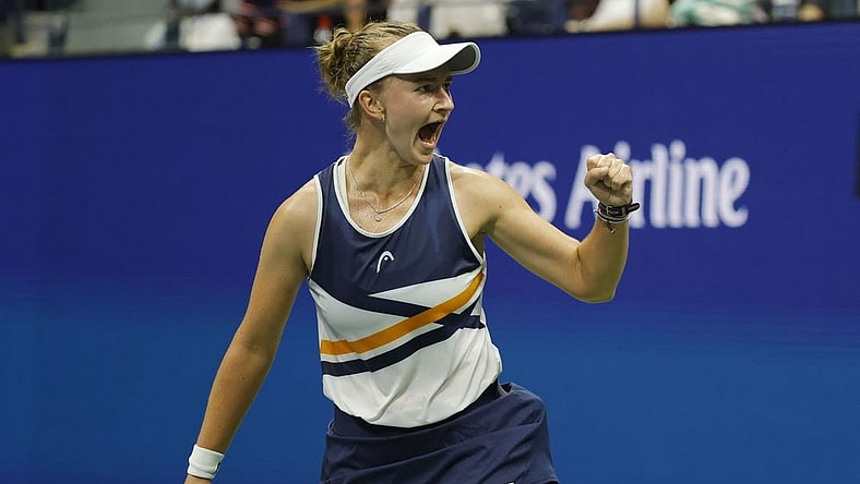 Sep 5, 2021; Flushing, NY, USA; Barbora Krejcikova of Czech Republic reacts after winning the first set against Garbine Muguruza of Spain (not pictured) on day seven of the 2021 U.S. Open tennis tournament at USTA Billie Jean King National Tennis Center. Mandatory Credit: Geoff Burke-USA TODAY Sports