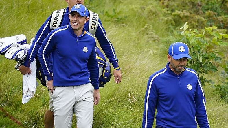 (File photo) Rory McIlroy (left) and Sergio Garcia walk to the 10th fairway during practice rounds for the 43rd Ryder Cup golf competition at Whistling Straits. Mandatory Credit: Michael Madrid-USA TODAY Sports