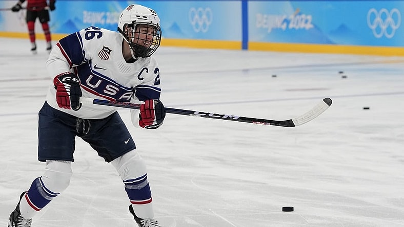 Feb 17, 2022; Beijing, China; Team United States forward Kendall Coyne Schofield (26) shoots a puck during warmups prior to the game against Team Canada during the Beijing 2022 Olympic Winter Games at Wukesong Sports Centre. Mandatory Credit: George Walker IV-USA TODAY Sports