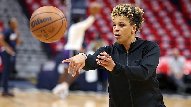 Apr 22, 2022; New Orleans, Louisiana, USA; New Orleans Pelicans assistant coach Teresa Weatherspoon before game three of the first round for the 2022 NBA playoffs at the Smoothie King Center against the Phoenix Suns. Mandatory Credit: Chuck Cook-USA TODAY Sports