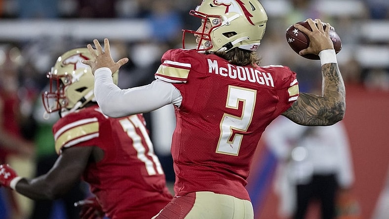 May 7, 2022; Birmingham, AL, USA; Birmingham Stallions quarterback Alex McGough (2) throws against the Tampa Bay Bandits during the second half at Protective Stadium. Mandatory Credit: Vasha Hunt-USA TODAY Sports