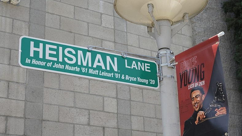 May 24, 2022; Santa Ana, California USA; A Heisman Lane street sign in honor of John Huarte (1961), Matt Leinart (2001) and Bryce Young (2020) during the Mater Dei High Heisman Homecoming ceremony at the Meruelo Athletic Center. Mandatory Credit: Kirby Lee-USA TODAY Sports