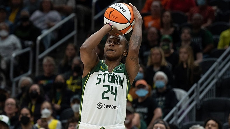 May 29, 2022; Seattle, Washington, USA; Seattle Storm guard Jewell Loyd (24) shoots the ball against the New York Liberty at Climate Pledge Arena. Mandatory Credit: Stephen Brashear-USA TODAY Sports