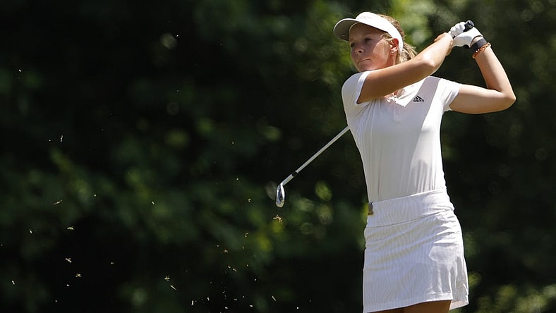 Jun 4, 2022; Southern Pines, North Carolina, USA; Lauren Hartlage hits an approach shot on the eleventh hole during the third round of the U.S. Women's Open. Mandatory Credit: Geoff Burke-USA TODAY Sports