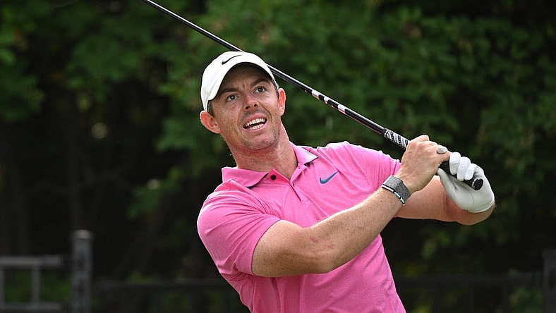 Jun 12, 2022; Etobicoke, Ontario, CAN;  Rory McIlroy plays his tee shot on the 17th hole during the final round of the RBC Canadian Open golf tournament. Mandatory Credit: Dan Hamilton-USA TODAY Sports