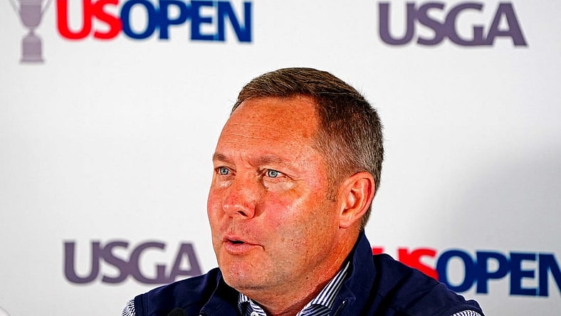 Jun 15, 2022; Brookline, Massachusetts, USA; USGA ceo Mike Whan speaks during a press conference during a practice round of the U.S. Open golf tournament at The Country Club. Mandatory Credit: John David Mercer-USA TODAY Sports