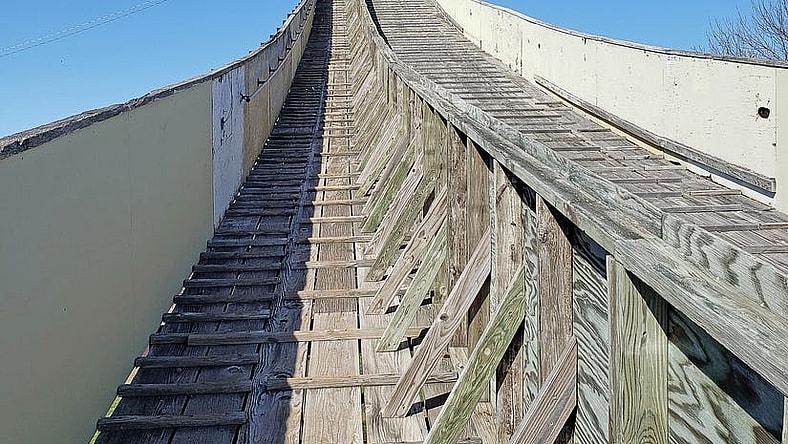 Steps lead up the side of the Copper Peak ski jump in Ironwood, Mich., October 7, 2021. Visitors can walk down the steps after taking in the views from the top of the jump in warm-weather months.

Mjs Copperpeak P8