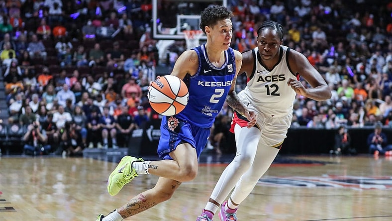 Sep 18, 2022; Uncasville, Connecticut, USA; Connecticut Sun guard Natisha Hiedeman (2) and Las Vegas Aces guard Chelsea Gray (12) during game four of the 2022 WNBA Finals at Mohegan Sun Arena. Mandatory Credit: Wendell Cruz-USA TODAY Sports