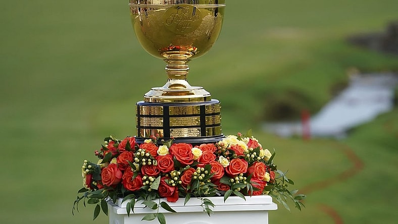 Sep 25, 2022; Charlotte, North Carolina, USA; The trophy on the 15th green for the trophy ceremony during the singles match play of the Presidents Cup golf tournament at Quail Hollow Club. Mandatory Credit: Peter Casey-USA TODAY Sports