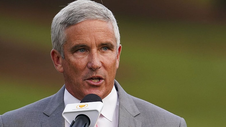Sep 25, 2022; Charlotte, North Carolina, USA; PGA Tour commissioner Jay Monahan talks during the singles match play of the Presidents Cup golf tournament at Quail Hollow Club. Mandatory Credit: Peter Casey-USA TODAY Sports