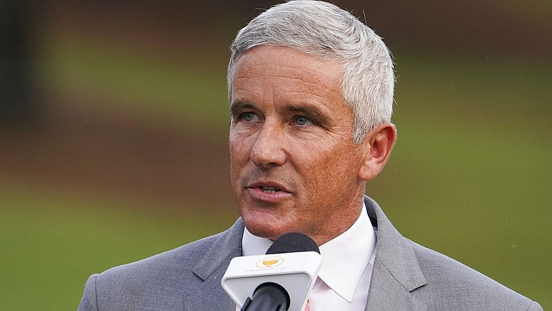 Sep 25, 2022; Charlotte, North Carolina, USA; PGA Tour commissioner Jay Monahan talks during the singles match play of the Presidents Cup golf tournament at Quail Hollow Club. Mandatory Credit: Peter Casey-USA TODAY Sports