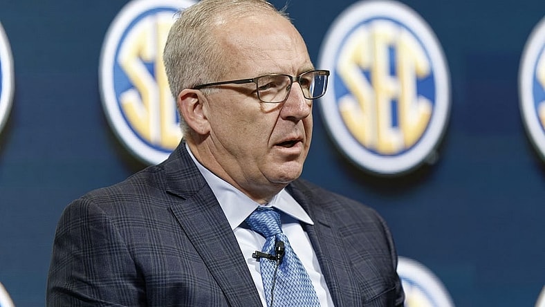 Oct 18, 2022; Birmingham, Alabama, US; SEC conference commissioner Greg Sankey speaks to the media prior to the tip off of the Women s SEC Media Days in Mountain Brook, AL  Mandatory Credit: Marvin Gentry-USA TODAY Sports