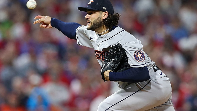 Nov 1, 2022; Philadelphia, PA, USA; Houston Astros starting pitcher Lance McCullers Jr. (43) pitches against the Philadelphia Phillies during the first inning in game three of the 2022 World Series at Citizens Bank Park. Mandatory Credit: Bill Streicher-USA TODAY Sports