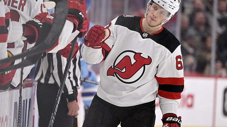 Nov 15, 2022; Montreal, Quebec, CAN; New Jersey Devils forward Jesper Bratt (63) celebrates with teammates after scoring a goal against the Montreal Canadiens during the third period at the Bell Centre. Mandatory Credit: Eric Bolte-USA TODAY Sports