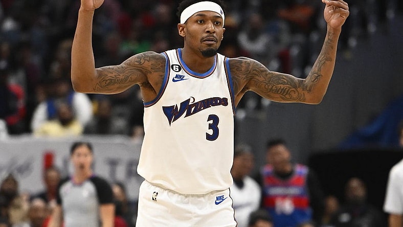 Nov 18, 2022; Washington, District of Columbia, USA; Washington Wizards guard Bradley Beal (3) reacts against the Miami Heat during the second half at Capital One Arena. Mandatory Credit: Brad Mills-USA TODAY Sports