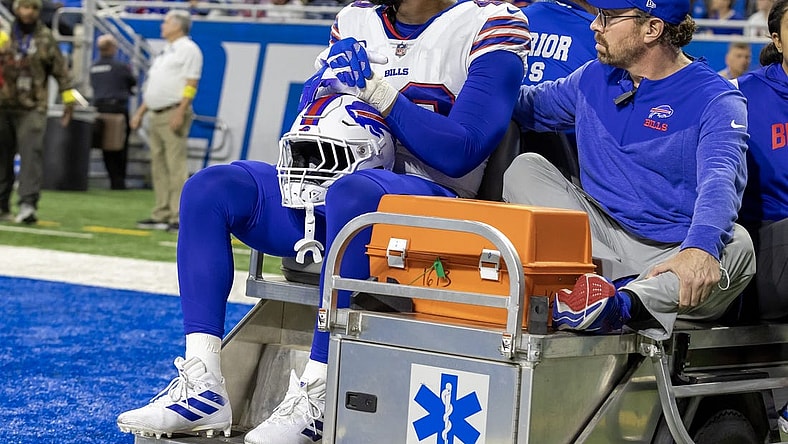 Nov 24, 2022; Detroit, Michigan, USA; Buffalo Bills linebacker Von Miller (40) is carted off the field during the second quarter of a game against the Detroit Lions at Ford Field. Mandatory Credit: David Reginek-USA TODAY Sports