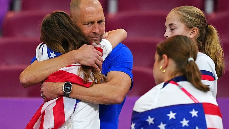 Dec 3, 2022; Al Rayyan, Qatar; United States of America manager Gregg Berhalter with family after losing a round of sixteen match against the Netherlands in the 2022 FIFA World Cup at Khalifa International Stadium. Mandatory Credit: Danielle Parhizkaran-USA TODAY Sports