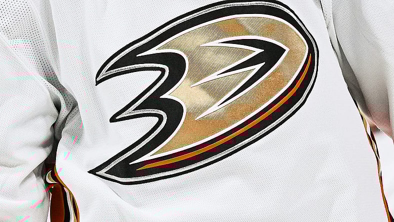 Dec 15, 2022; Montreal, Quebec, CAN; View of an Anaheim Ducks logo on a jersey worn by a member of the team during the second period at Bell Centre. Mandatory Credit: David Kirouac-USA TODAY Sports