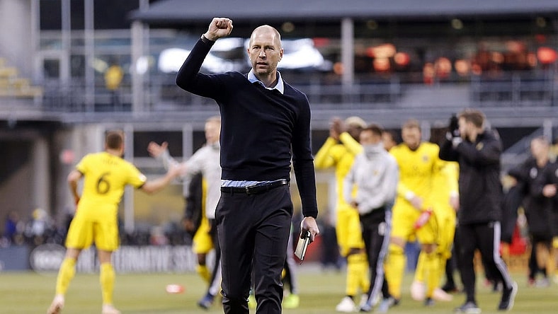 Columbus Crew SC head coach Gregg Berhalter pumps his fist as he thanks fans following the first leg of the MLS Cup Eastern Conference semifinal at Mapfre Stadium in Columbus on Nov. 4, 2018. The Crew will take a 1-0 lead to Red Bull Arena on Nov. 11 for the second leg. [Adam Cairns/Dispatch]

Columbus Crew Sc New York Red Bulls