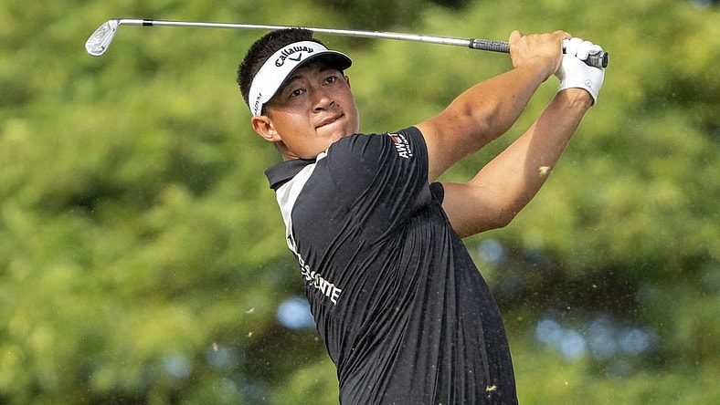 January 15, 2023; Honolulu, Hawaii, USA; Carl Yuan hits his tee shot on the second hole during the final round of the Sony Open in Hawaii golf tournament at Waialae Country Club. Mandatory Credit: Kyle Terada-USA TODAY Sports