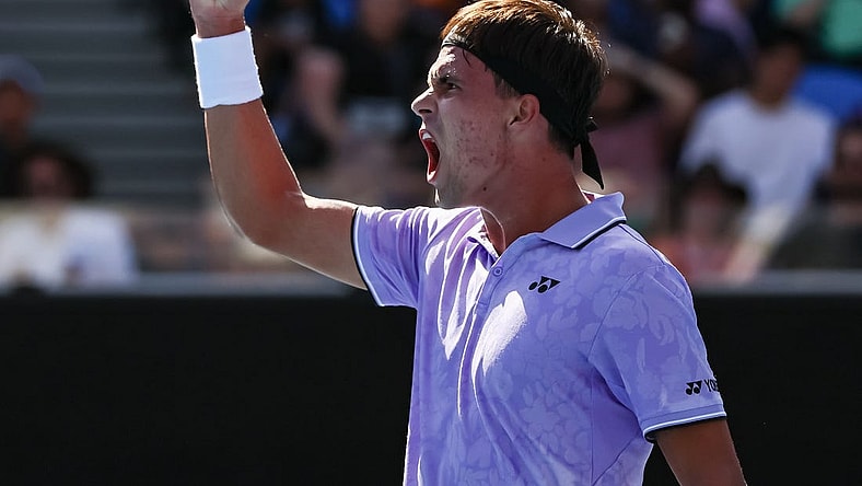 Jan 16, 2023; Melbourne, VICTORIA, Australia; Daniel Altmaier on day one of the 2023 Australian Open tennis tournament at Melbourne Park. Mandatory Credit: Mike Frey-USA TODAY Sports