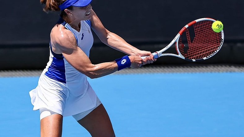 Jan 17, 2023; Melbourne, VICTORIA, Australia; Alize Cornet on day two during the 2023 Australian Open tennis tournament at Melbourne Park. Mandatory Credit: Mike Frey-USA TODAY Sports