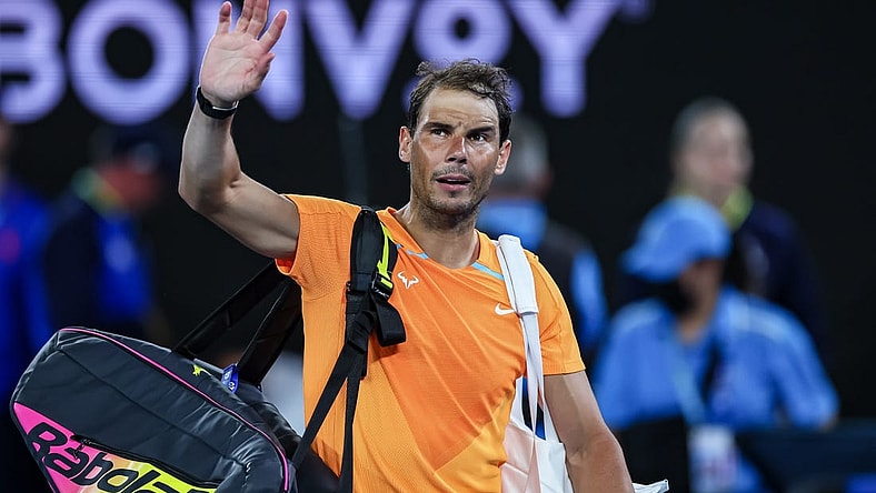 Jan 18, 2023; Melbourne, VICTORIA, Australia; Rafael Nadal after his second round match against Mackenzie Mcdonald on day three of the 2023 Australian Open tennis tournament at Melbourne Park. Mandatory Credit: Mike Frey-USA TODAY Sports