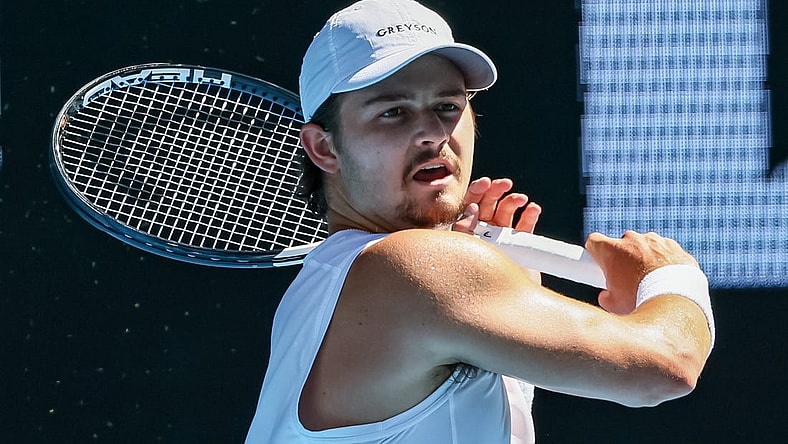 Jan 23, 2023; Melbourne, Victoria, Australia; J.J Wolf from the United States during his round four match against Ben Shelton from the United States on day eight of the 2023 Australian Open tennis tournament at Melbourne Park. Mandatory Credit: Mike Frey-USA TODAY Sports