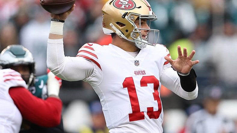 Jan 29, 2023; Philadelphia, Pennsylvania, USA; San Francisco 49ers quarterback Brock Purdy (13) throws a pass against the Philadelphia Eagles during the first quarter in the NFC Championship game at Lincoln Financial Field. Mandatory Credit: Bill Streicher-USA TODAY Sports