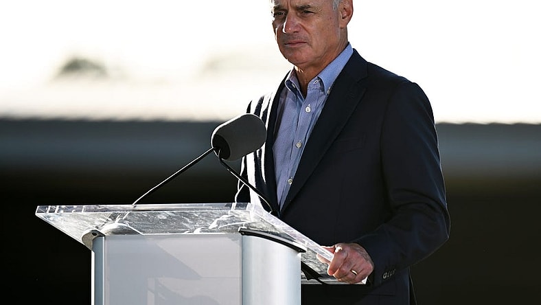 Feb 16, 2023; Dunedin, FL, USA; Major League Baseball commissioner Rob Manfred speaks to the media at the Grapefruit League Media Day. Mandatory Credit: Jonathan Dyer-USA TODAY Sports