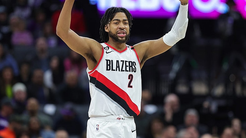 Feb 23, 2023; Sacramento, California, USA; Portland Trail Blazers forward Trendon Watford (2) reacts during the second quarter against the Sacramento Kings at Golden 1 Center. Mandatory Credit: Sergio Estrada-USA TODAY Sports