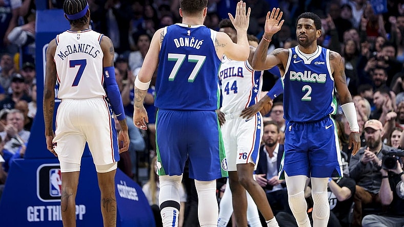 Mar 2, 2023; Dallas, Texas, USA; Dallas Mavericks guard Kyrie Irving (2) celebrates with Dallas Mavericks guard Luka Doncic (77) during the second half against the Philadelphia 76ers at American Airlines Center. Mandatory Credit: Kevin Jairaj-USA TODAY Sports