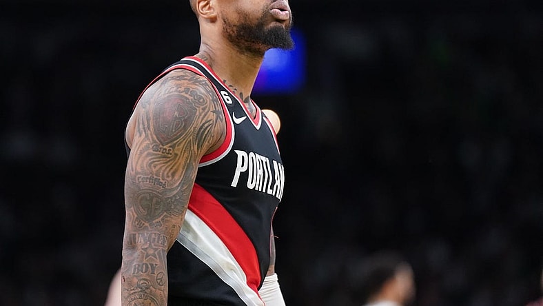Mar 8, 2023; Boston, Massachusetts, USA; Portland Trail Blazers guard Damian Lillard (0) reacts during a break in the action against the Boston Celtics in the second quarter at TD Garden. Mandatory Credit: David Butler II-USA TODAY Sports