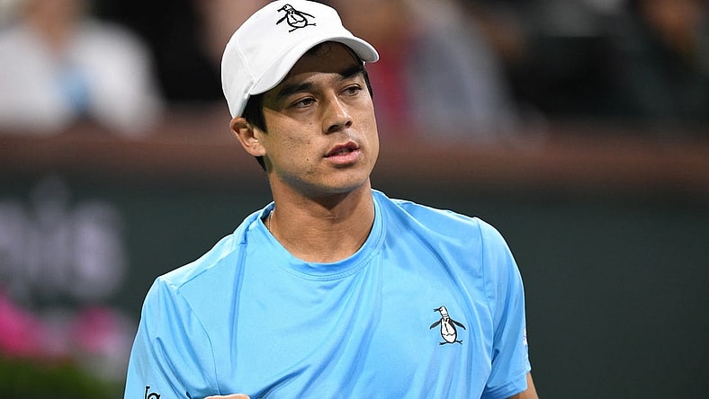 Mar 11, 2023; Indian Wells, CA, USA; Mackenzie McDonald (USA) celebrates after winning a point during his second round match against Holger Rune (DEN) during the BNP Paribas Open at Indian Wells Tennis Garden. Mandatory Credit: Jonathan Hui-USA TODAY Sports