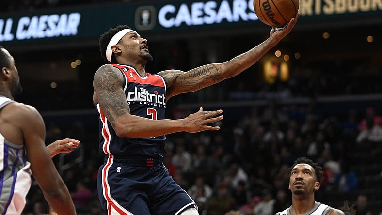 Mar 18, 2023; Washington, District of Columbia, USA; Washington Wizards guard Bradley Beal (3) scores against the Sacramento Kings during the second half at Capital One Arena. Mandatory Credit: Brad Mills-USA TODAY Sports
