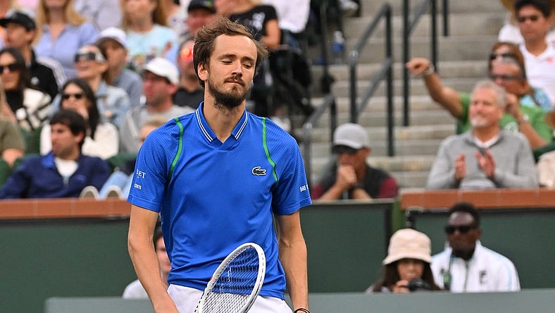 Mar 19, 2023; Indian Wells, CA, USA;  Daniil Medvedev (RUS) reacts after losing a game in the men   s final match against Carlos Alcaraz (ESP) in the BNP Paribas Open at the Indian Wells Tennis Garden. Mandatory Credit: Jayne Kamin-Oncea-USA TODAY Sports