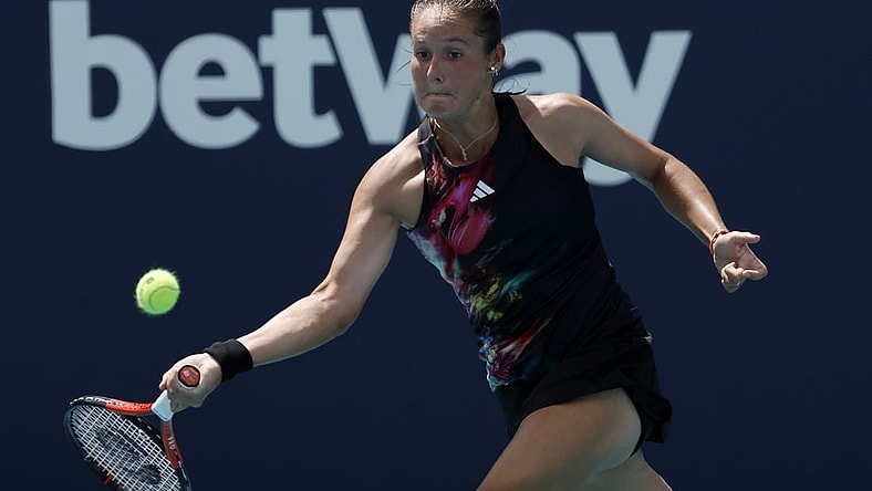Mar 23, 2023; Miami, Florida, US; Daria Kasatkina hits a forehand against Elise Mertens (BEL) (not pictured) on day four of the Miami Open at Hard Rock Stadium. Mandatory Credit: Geoff Burke-USA TODAY Sports